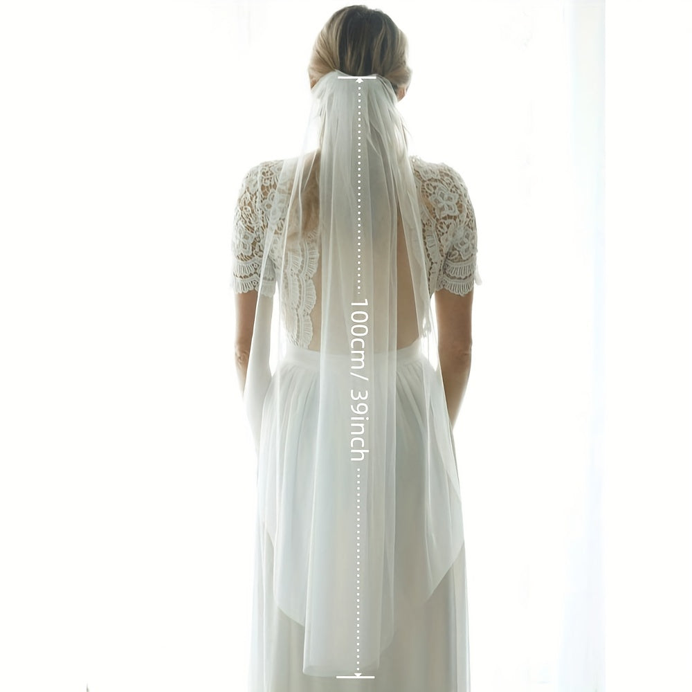 Long White Bridal Head Veil with Comb