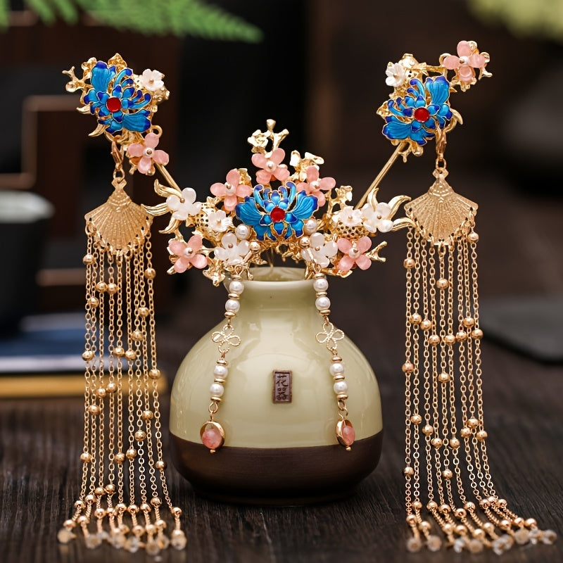 Chinese Style Pearl Flower Tassels Hairpin Headband For Women Girl