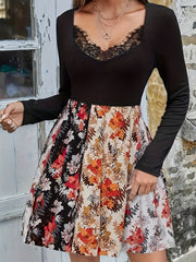 Floral Print Lace Long Sleeve V Neck Dress