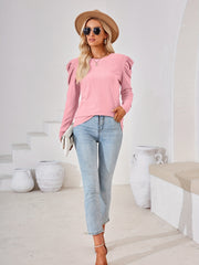 Solid Crew Neck T shirt Ruched Long Sleeve For Spring & Summer Women