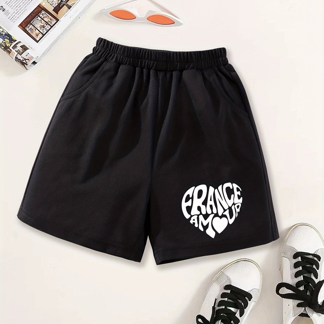 Girls Heart Print Casual Sweat Shorts Elastic Waist Work Out Shorts