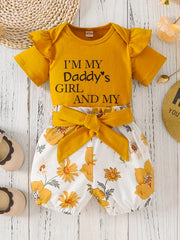 2PCS Baby Girl Summer Outfit Ruffle Letter Tops Floral Shorts Set