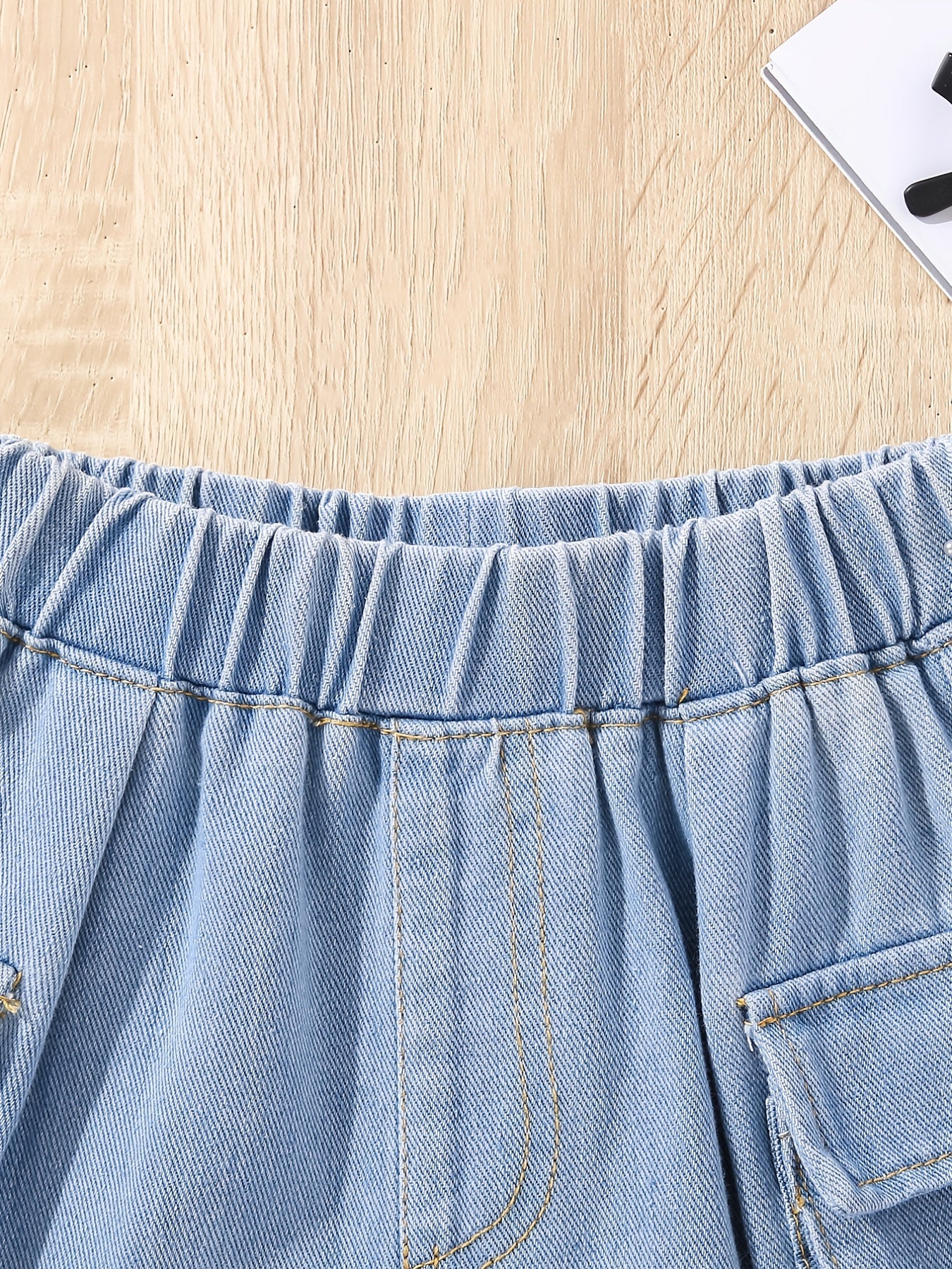Girls Casual Elastic Waist Denim Shorts with Pockets