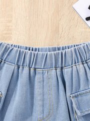 Girls Casual Elastic Waist Denim Shorts with Pockets
