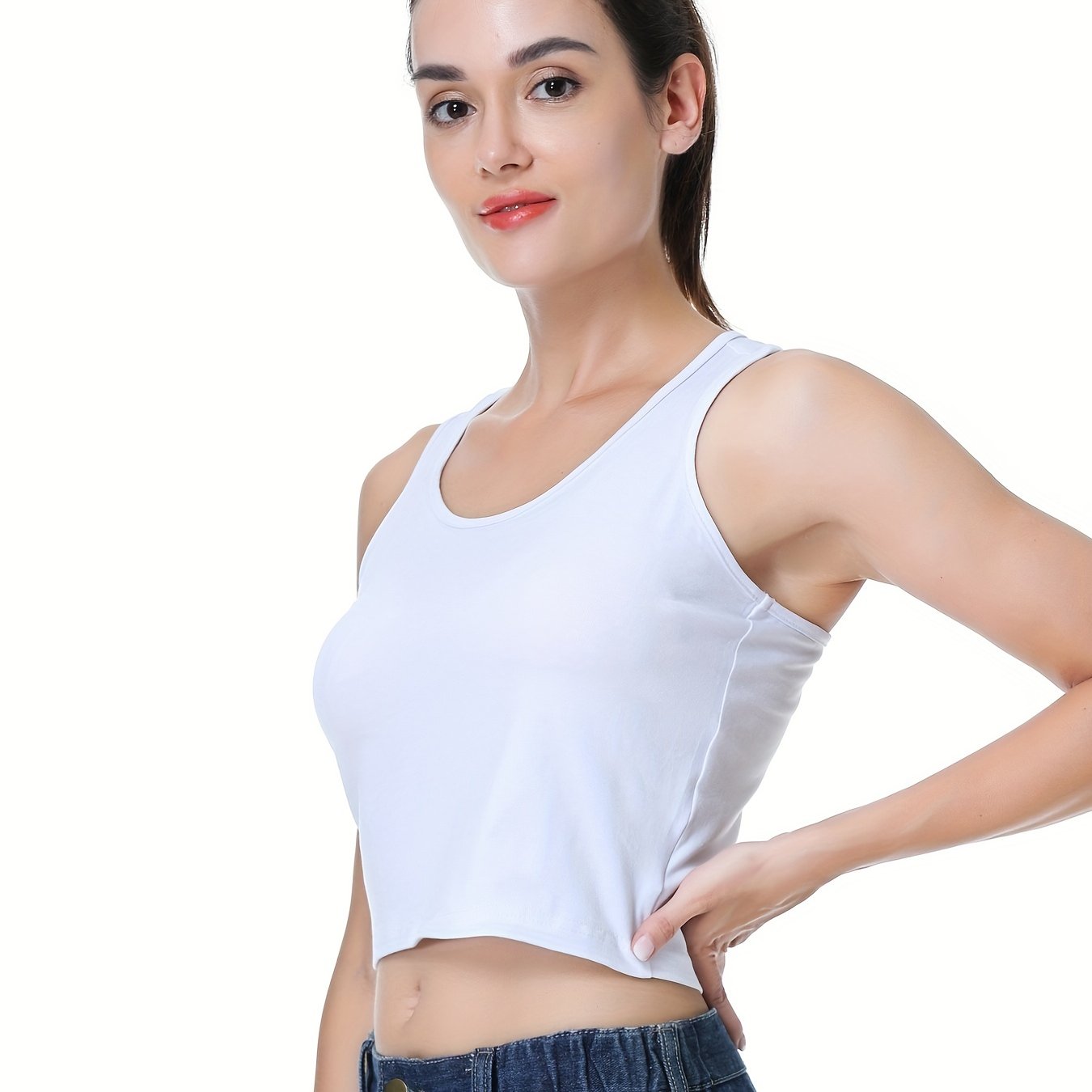 Solid Crop Tank Top Crew Neck Summer Sleeveless
