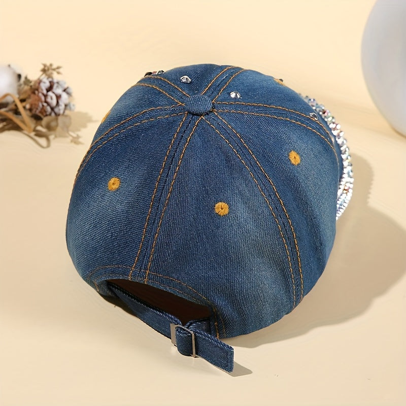Dragonfly Patch Denim Baseball Cap Rhinestone Washed Distressed Dad Hat