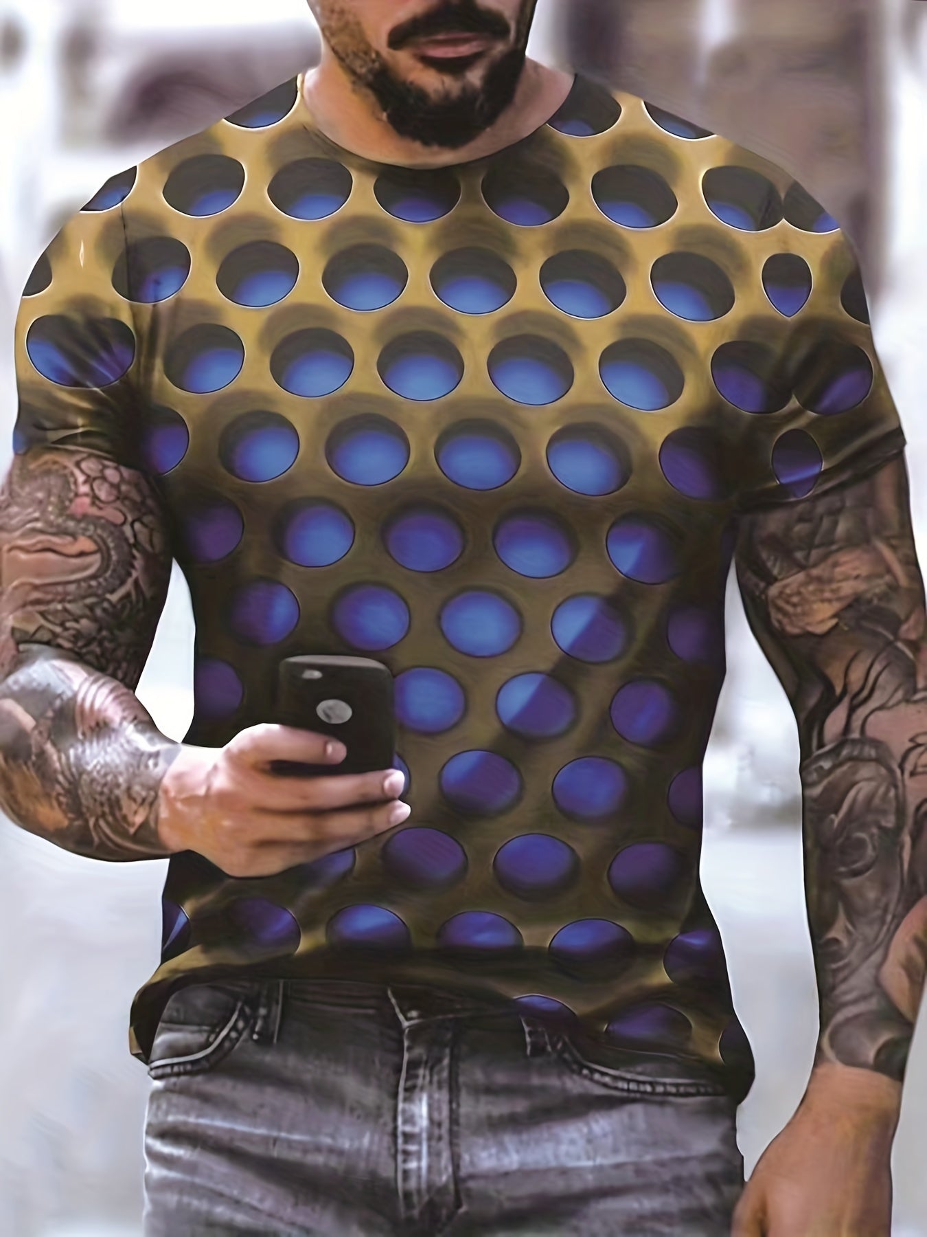 3D Dense Hole Pattern Vision Illusion Graphic Tee for Men