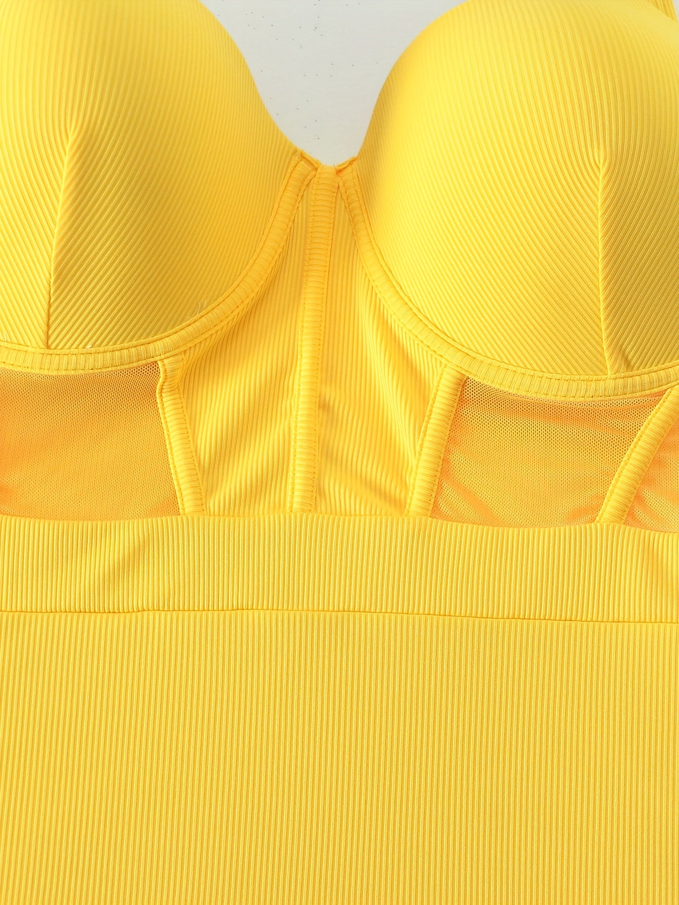 One Piece Swimsuit Contrast Mesh Ribbed Knit Bathing Suit