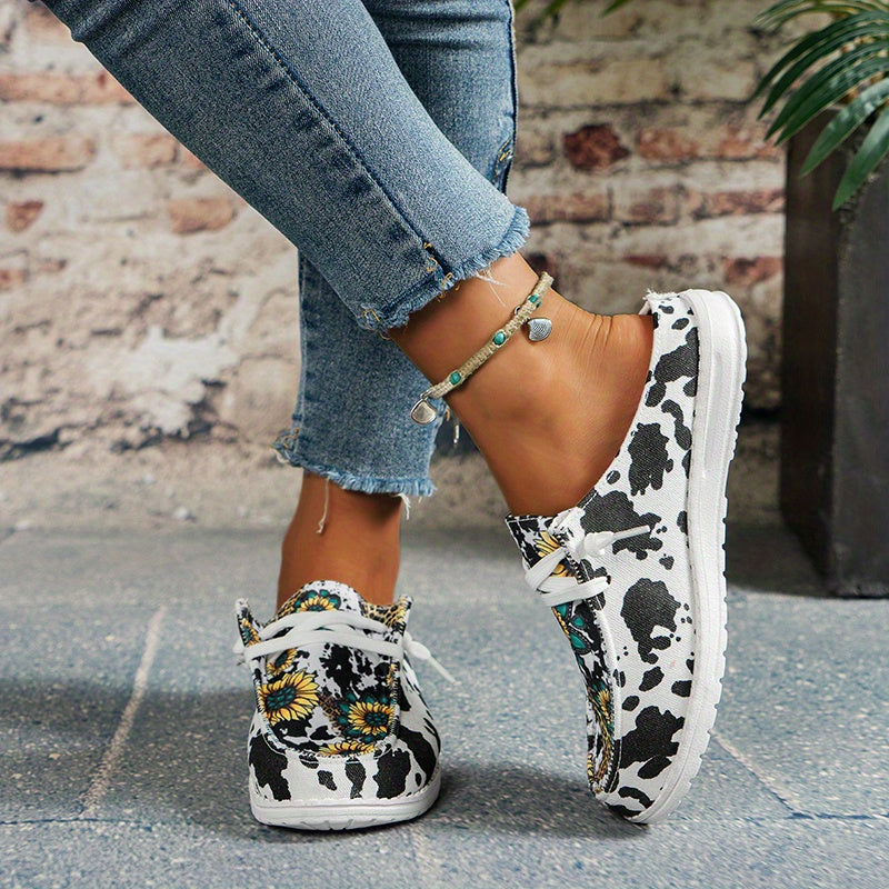 Women's Sunflower Print Canvas Shoes Lace Up Mule Sneakers