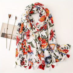 Flower Printed Fringe Shawl Large Sunscreen Blanket Long Shawl Wrap Scarf
