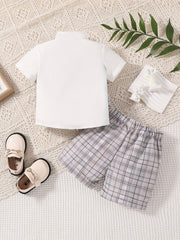 Preppy Summer Outfit for Baby Boys Bowtie Shirt & Plaid Shorts Set