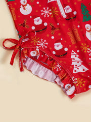 Girls Santa Ruffle Trim Long Sleeve Swimsuit Christmas Gift