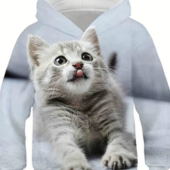 Girl's 3D Kitten Dinosaur Print Hoodie Casual Stretch Hooded Sweatshirt
