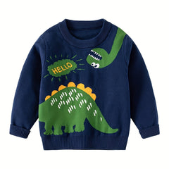 Boys Cartoon Dinosaur Sweater Long Sleeve Knit Pullover Top