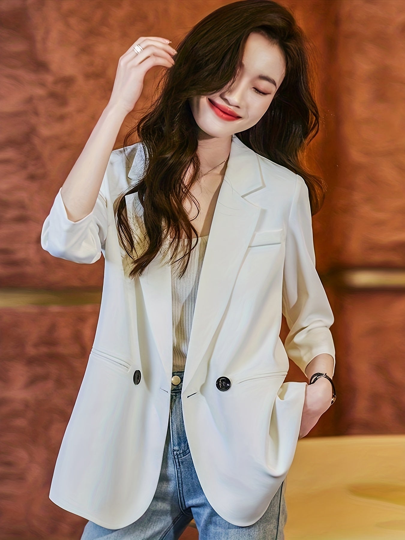 Casual 3/4 Sleeve Blazer Open Front Solid Outerwear