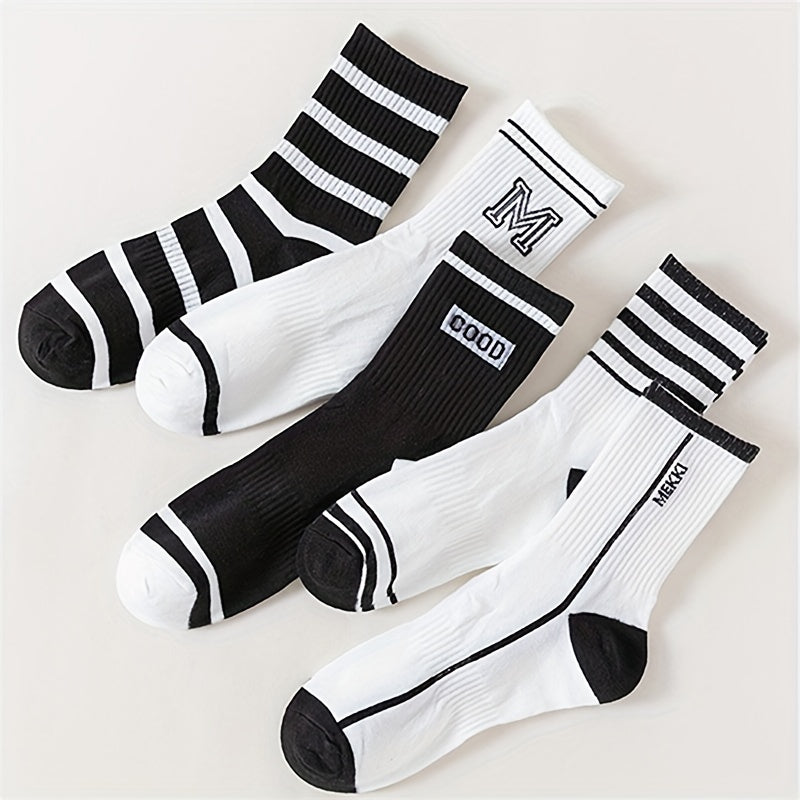 5 Pairs Letter & Striped Print Socks Mid Tube Stockings