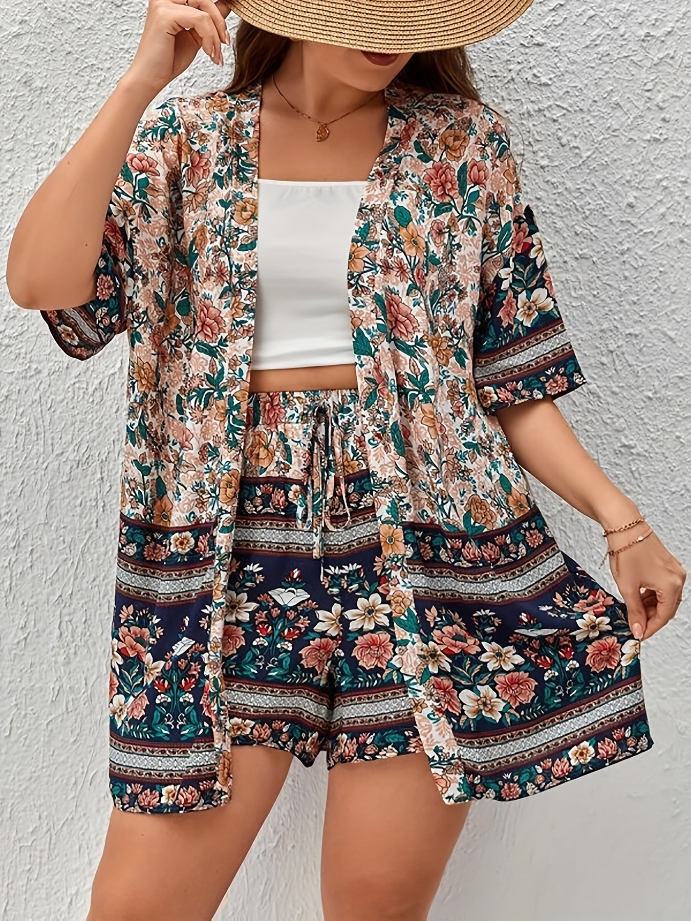 Boho 2 Piece Set: Floral Cover Up & Drawstring Shorts