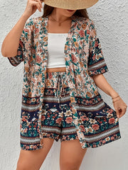 Boho 2 Piece Set: Floral Cover Up & Drawstring Shorts