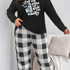 Plus Size Halloween Pajama Set: Ghost & Slogan Print Tee & Plaid Pants