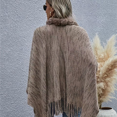 Fur Collar Cardigan Solid Warm Tassel Shawl Wrap Windproof Striped Shawl Cape