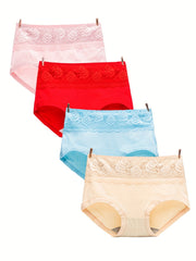 4pcs Lace Briefs Breathable Mid Rise Stretchy Panties Women's Lingerie