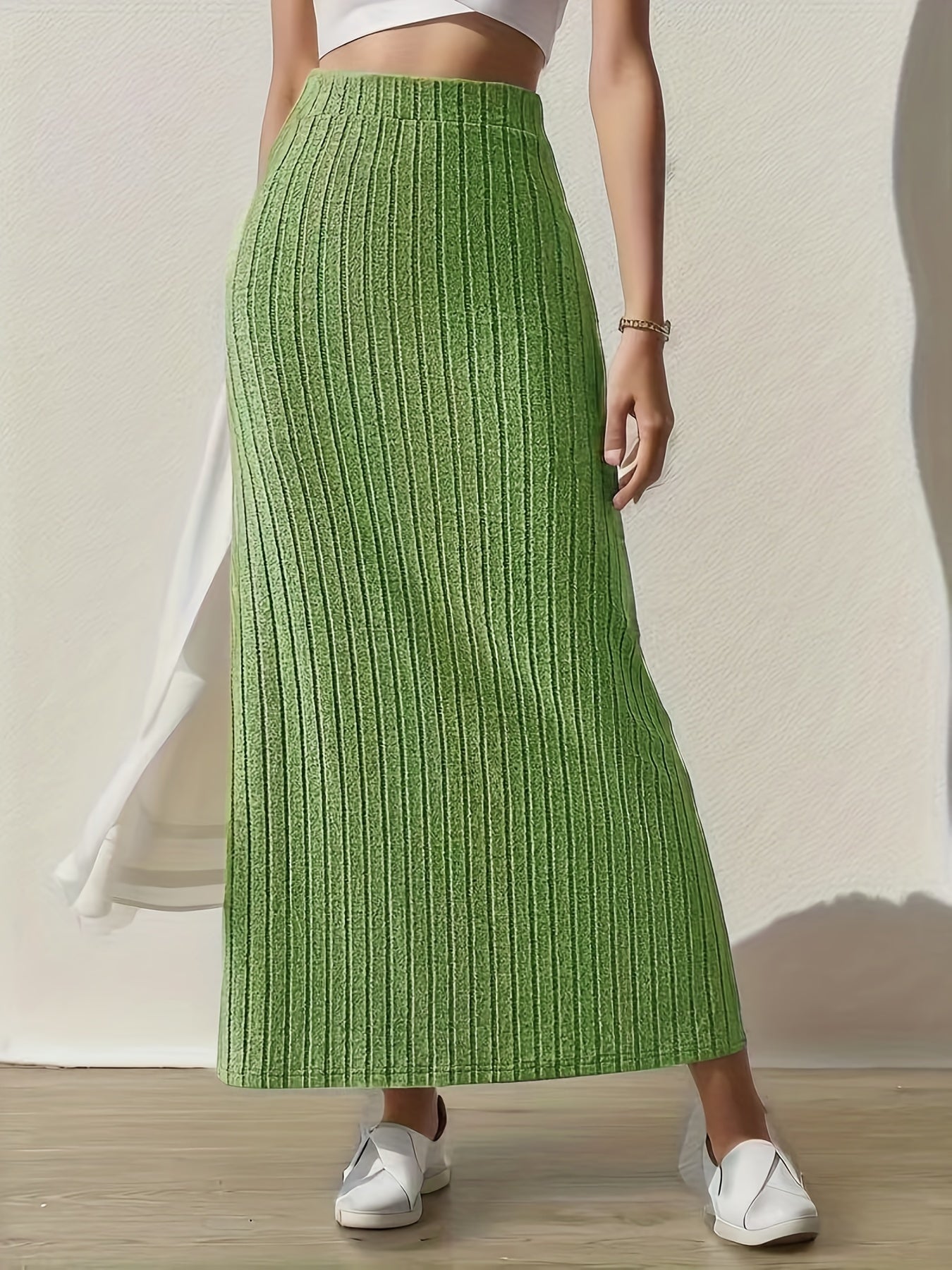 Ribbed Split Skirt High Waist for Spring & Summer Women's Clothing