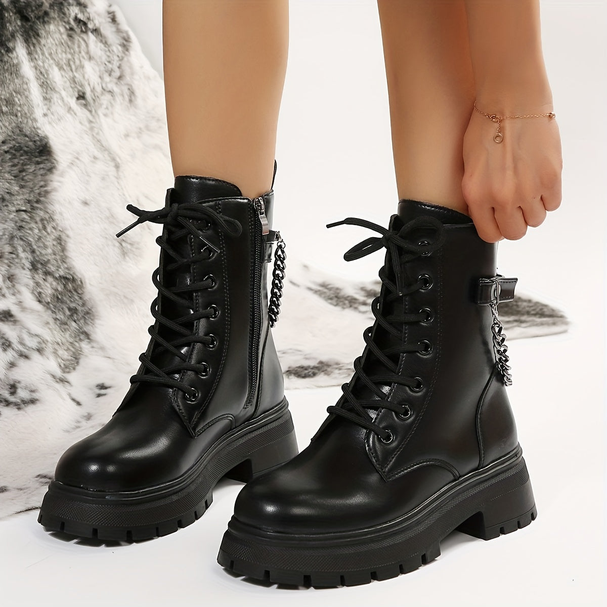 Ankle Combat Boots with Chain Lace Up Side Zipper Short Boots