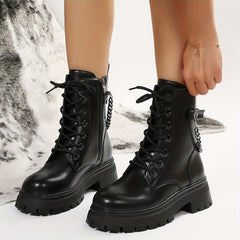 Ankle Combat Boots with Chain Lace Up Side Zipper Short Boots