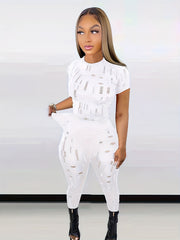 Solid Ripped Two piece Set Crew Neck Short Sleeve Tops & Slim Pants Outfits