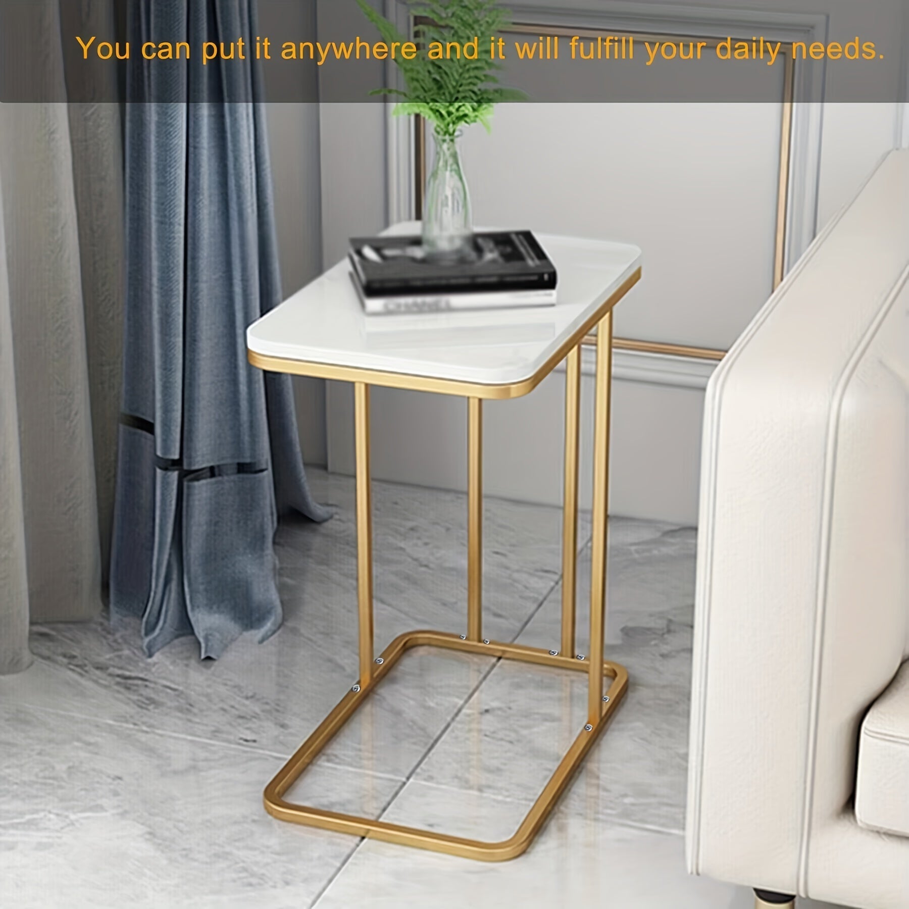 Marble Pattern C-Shaped End Table for Living Room, Bedroom