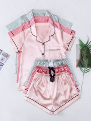Satin Pajama Set Short Sleeve Top & Bow Shorts Women's Sleepwear