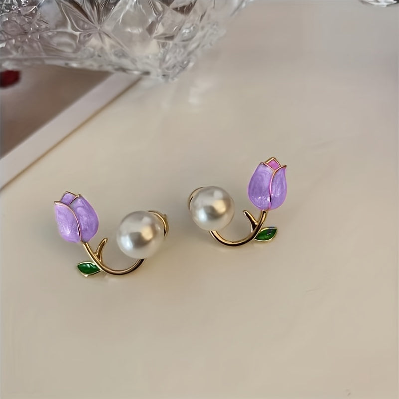 Purple Tulip Flower Pearl Stud Earrings