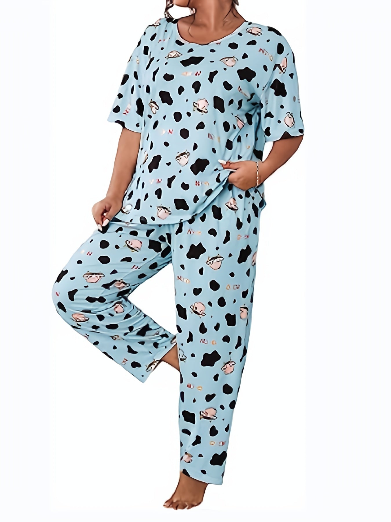 Cow Print Pajama Set Short Sleeve Tee & Pants