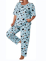 Cow Print Pajama Set Short Sleeve Tee & Pants