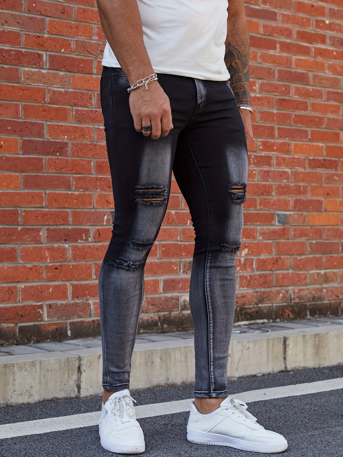 Men's Ripped Skinny Fit Stretch Long Trousers
