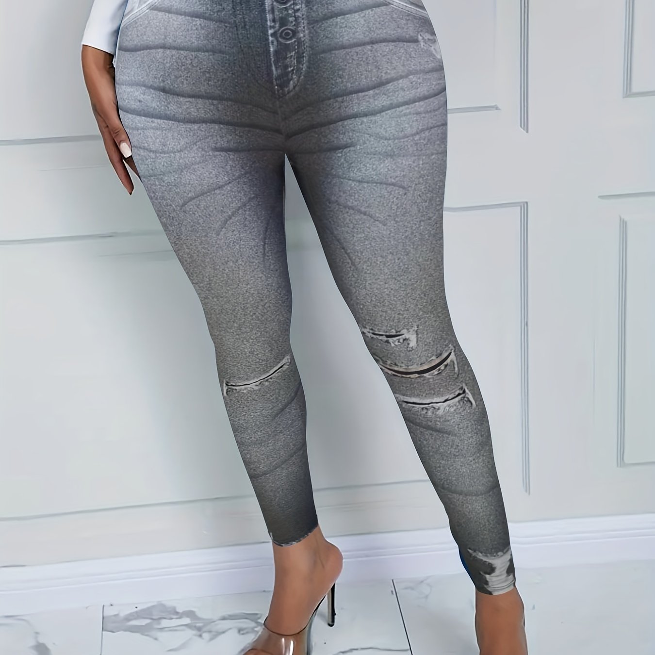 Ripped Denim Print Leggings Skinny Long Casual Pants