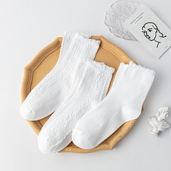 3 Pairs Ruffle Solid Socks Sweet & All match Socks Women's Stockings