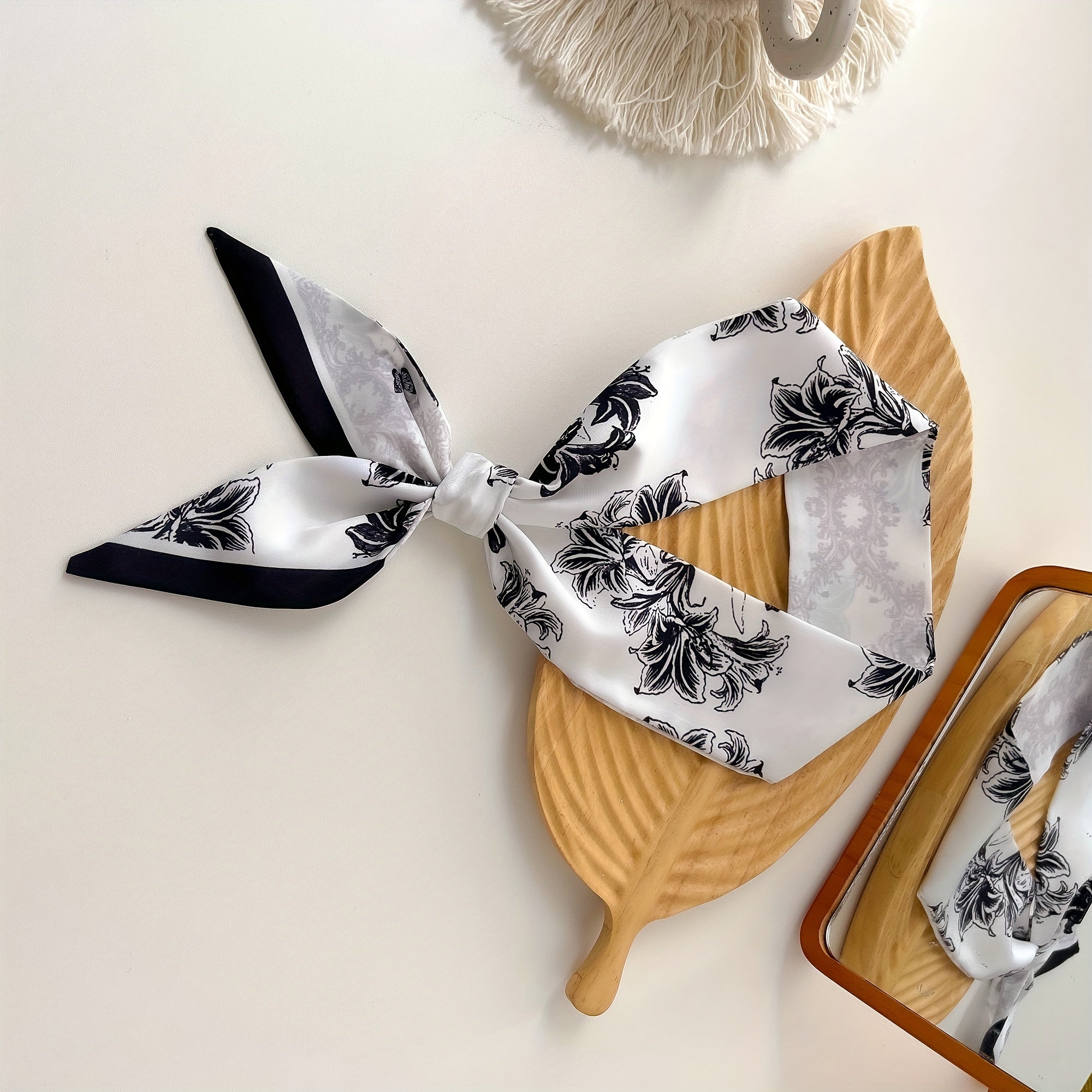 Plant Print Skinny Scarf Silky Long Ribbon Neckerchief Satin Twilly Scarf