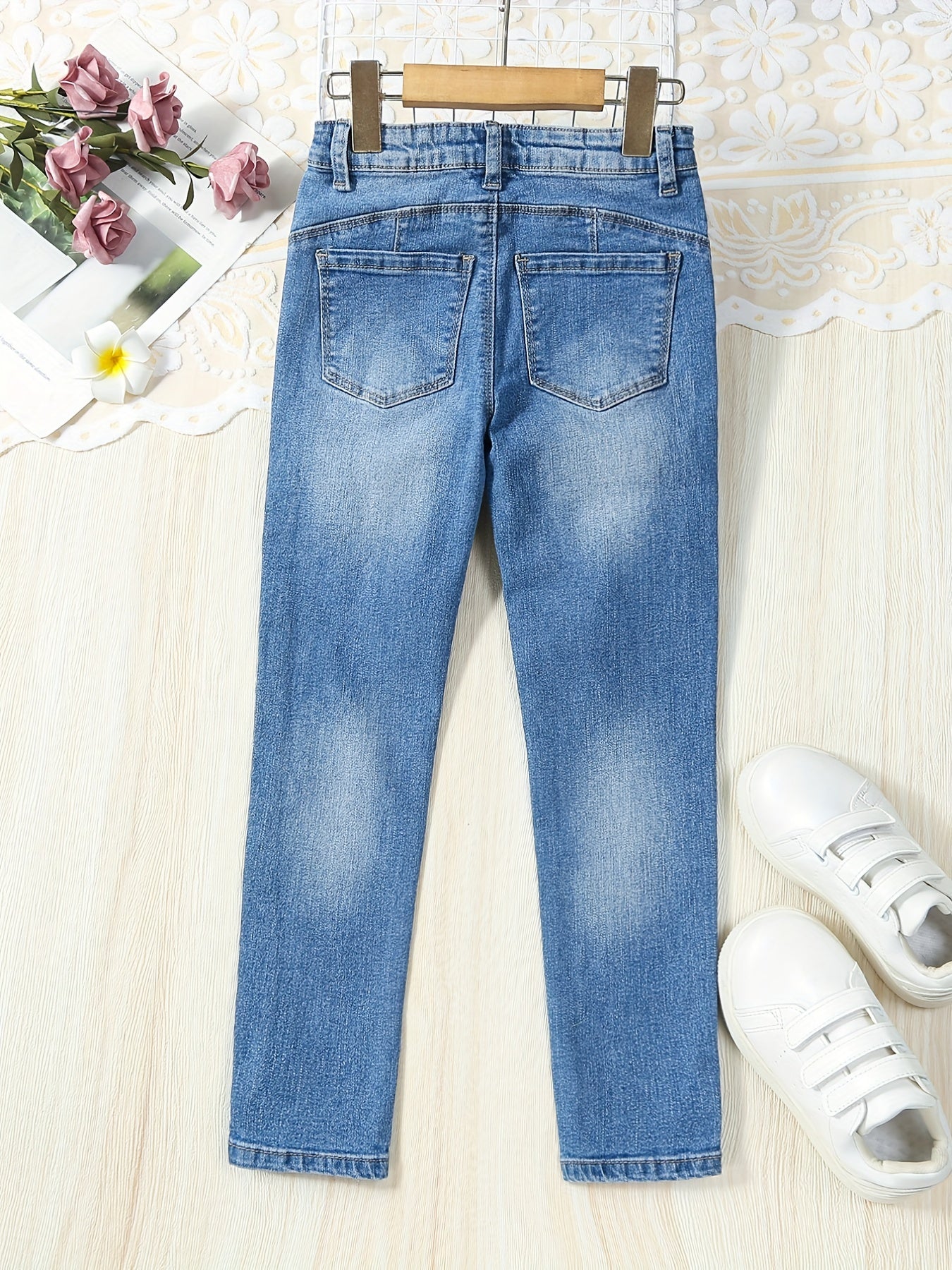 Girls Ripped Skinny Jeans Zipper Fly Stretch Denim Pants