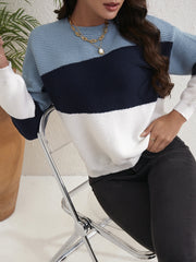 Block Pullover Sweater Long Sleeve Crew Neck Sweater