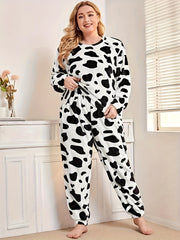 Cow Pattern Flannel Top & Shorts Two Piece Set
