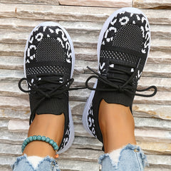Women's Leopard Print Knit Sports Shoes Breathable Running Sneakers