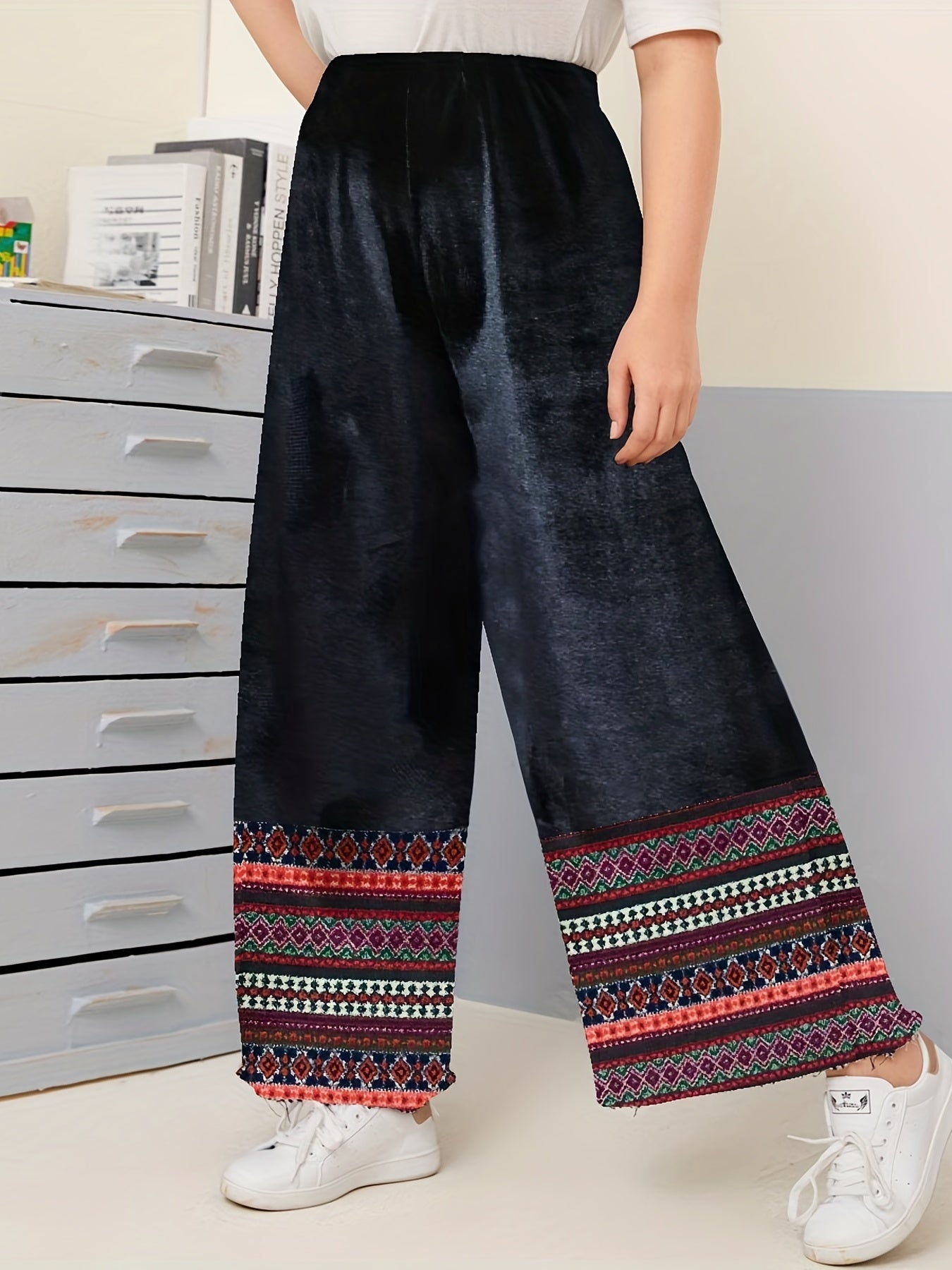 Boho Pants Women's Plus Tribal Print Wide Leg Pants