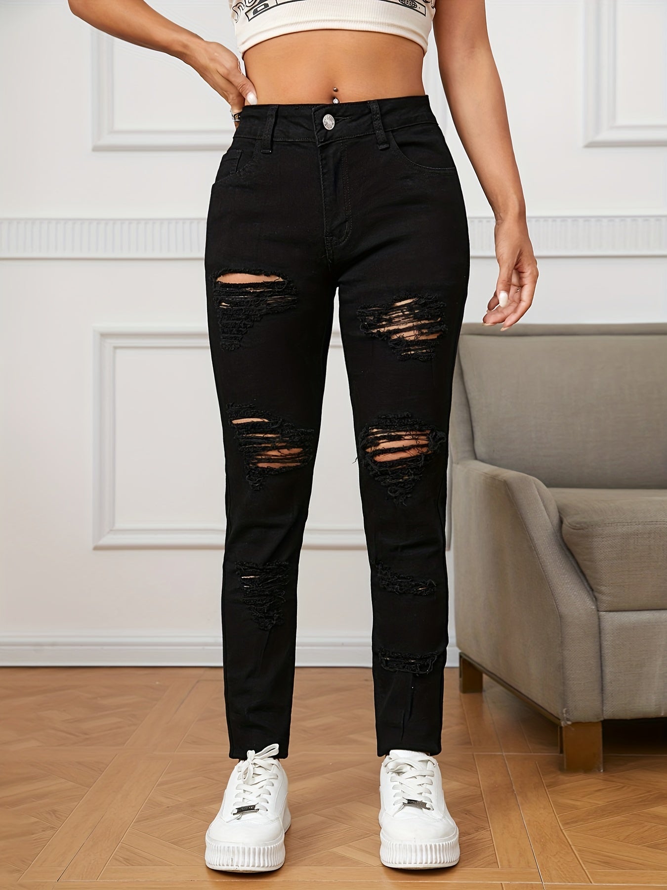 Stretchy Ripped Slash Pockets Pencil Jeans Slim Fitting Button Long Pants