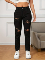 Stretchy Ripped Slash Pockets Pencil Jeans Slim Fitting Button Long Pants