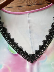 Bubble & Butterfly Print Lace Trim V Neck Tank Top