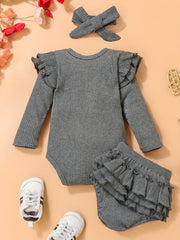 Autumn Cotton Baby Outfit Flying Sleeve Romper Ruffled Trim Pants Set