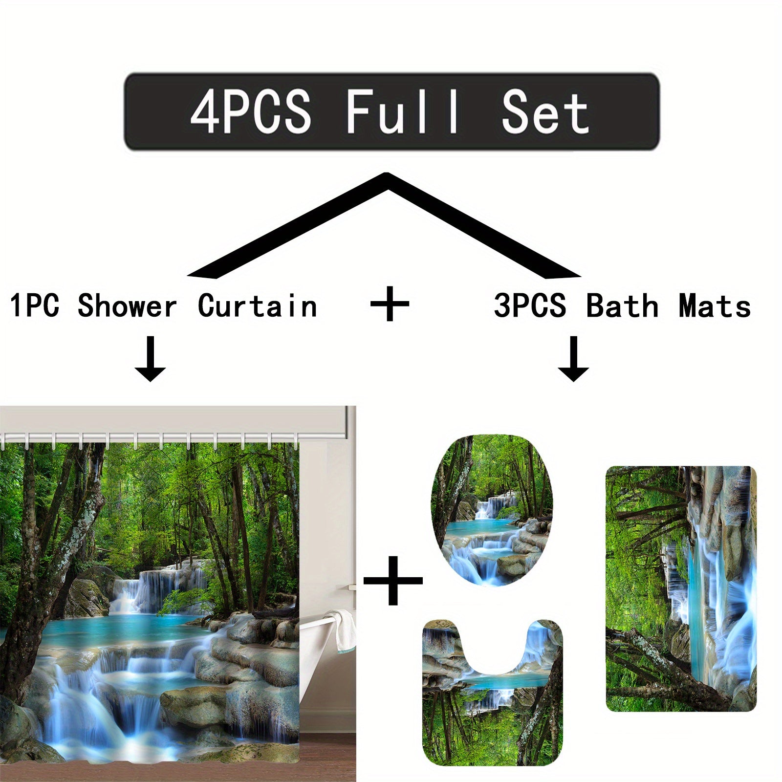 Green Forest Waterfall Shower Curtain Set with 12 Hooks