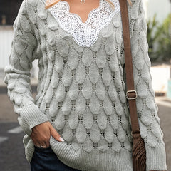 V Neck Sweater with Lace Long Sleeve