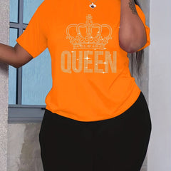 Women's Plus Rhinestone Crown & Letter Short Sleeve Tee & Shorts 2pcs Set